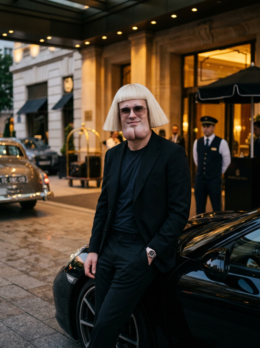 Gerald Pumpkins, the face of $KINS, leaning on a black Lamborghini outside a luxury hotel at dusk