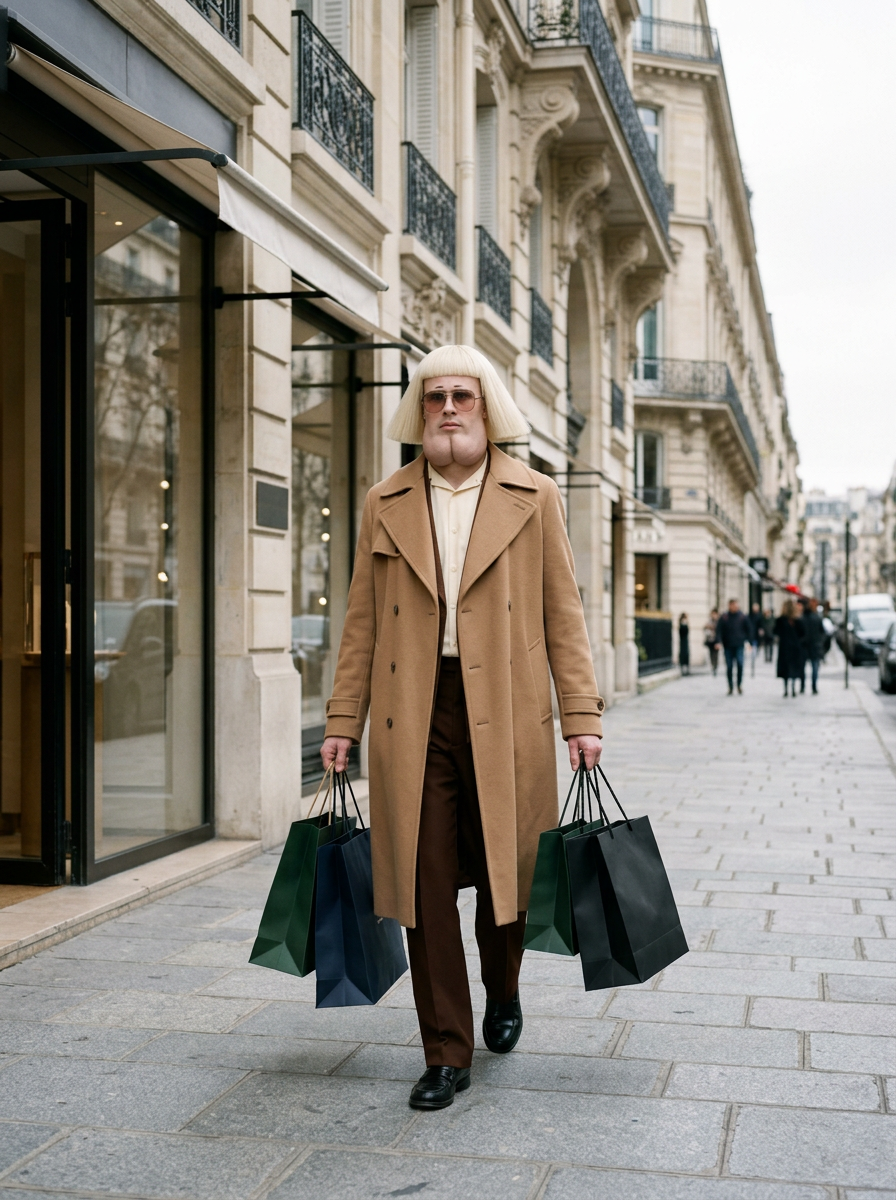 Gerald Pumpkins in a camel coat walking a Paris street with shopping bags